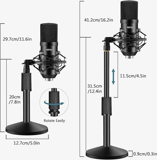 YOTTO USB-microfoon, 192 kHz/24 bits, condensator, pc, laptop, professionele podcast microfoonsets voor radio, opname, YouTube, podcasts UVM met popbescherming, microfoonstandaard, schokbevestiging
