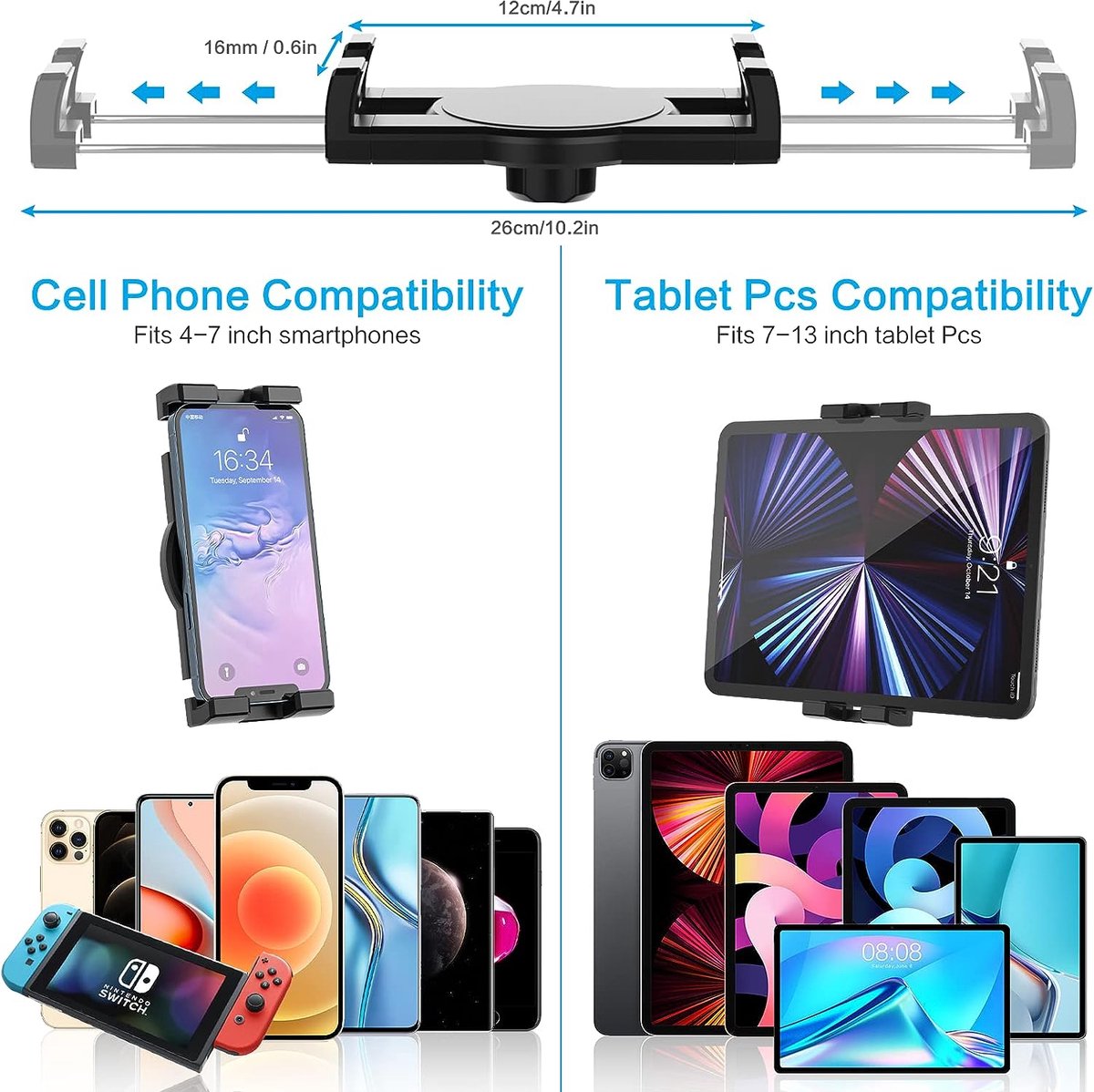 Nubais Tablethouder voor Auto tussen de hoofdsteun, uittrekbaar, centrale houder, achterbank, tablet, aluminium autohouder voor iPad Pro Air Mini, iPhone, Galaxy, Switch, Fire 4-12,9 inch