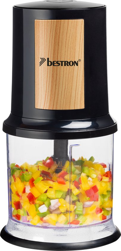 Bestron electrische Hakmolen, twee rvs Hakmessen & 500 ml cacpaciteit, grote Pulsschakelaar, 400 Watt, Black Wood Collection, Kleur: Zwart/Hout