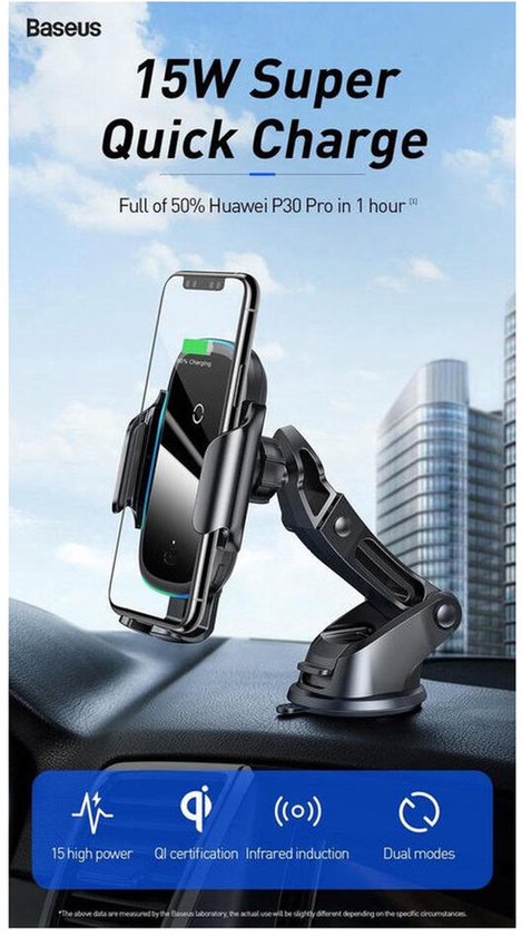 Draadloze Oplader Telefoonhouder met Sensor en LED - Baseus Qi Charger - Autohouder telefoon - Autolader Quick Charge