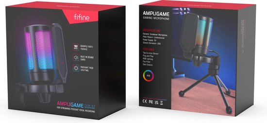 FIFINE - A6V - USB RGB Streaming Microfoon met Standaard - Gaming - Podcast - Geschikt voor - PS5 / PS4 / PC / Windows - Touch Mute Knop - Filter