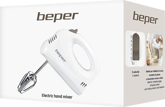 Beper BP.304 elektrische handmixer en roerder, 150 W, 70 decibel, ABS / chroomstaal, 5 snelheden - wit