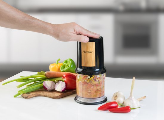 Bestron electrische Hakmolen, twee rvs Hakmessen & 500 ml cacpaciteit, grote Pulsschakelaar, 400 Watt, Black Wood Collection, Kleur: Zwart/Hout