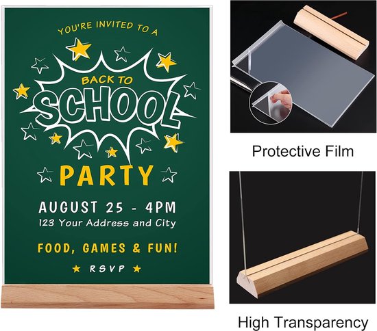 Srvnpioy 10 stuks acryl tafelhouders A4 menuhouders hout A4 tafelhouder tafelhouder A4 kunststof tafelstandaard voor restaurant hotel school kantoor