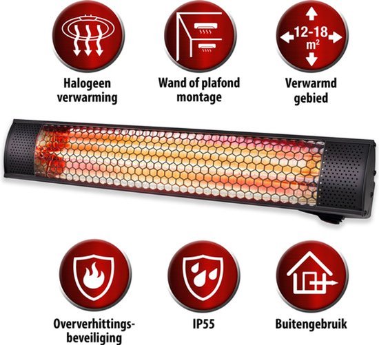 alpina Heater Terrasverwarmer met Infrarood Verwarming - Heater Elektrisch Wandmontage 2000W - Terrasverwarmer IP54 Stof- en Spuitwaterdicht - Terrasheater - 57 x 11,5 x 11 cm