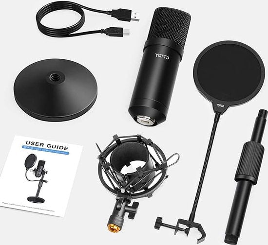 YOTTO USB-microfoon, 192 kHz/24 bits, condensator, pc, laptop, professionele podcast microfoonsets voor radio, opname, YouTube, podcasts UVM met popbescherming, microfoonstandaard, schokbevestiging