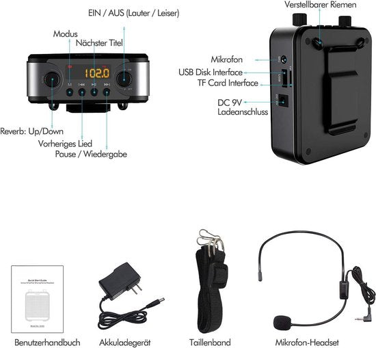 Spraakversterker - Stemversterker - geluidversterker - Draagbare Bluetooth Luidspreker (30 W) met 7,4 V/2800 mAh Lithium Batterij en Microfoon Headset - Oplaadbare Stemversterker voor Leraren - Reizigers - Vergaderingen - Muzikanten - Muziek