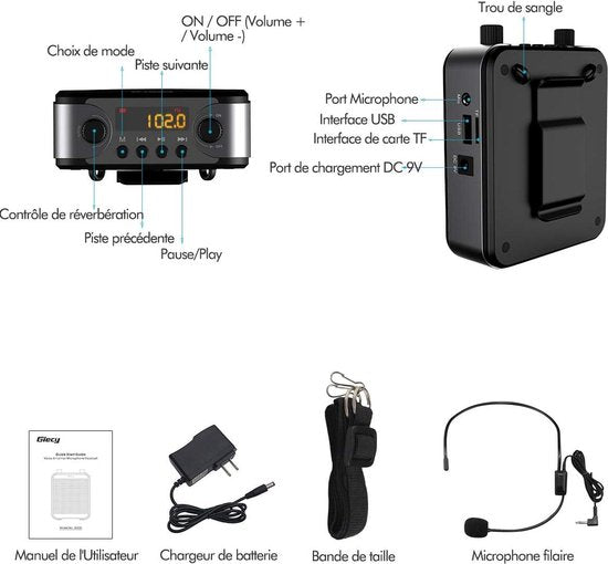 Draagbare spraakversterker met microfoon-hoofdtelefoon en oplaadbare batterij - 30 W, 2800 mAh - krachtig geluidssysteem voor leraren, gidsen, trainers, presentatoren