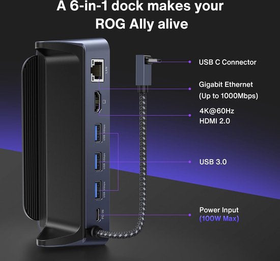 iVANKY 6-in-1 ROG Ally Dock met HDMI 2.0 4K @60Hz, 1Gbps Ethernet, 3*USB-A 3.0, 100W USB-C opladen, Docking Station compatibel met ASUS ROG Alloy/Lenovo Legion Go/Valve Steam Deck
