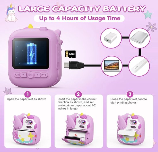 Kindercamera, instant camera, 2,4 inch instant camera voor kinderen, met 32G TF-kaart en fotopapier, 1080p HD digitale camera voor kinderen, cadeaus voor jongens en meisjes van 3-12 jaar