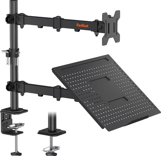 Monitorarm met laptopvak, dual screens, volledig instelbaar voor 13 tot 32 inch lcd-led-scherm tot 8 kg en notebook tot 16 inch, kantelen, draaien en draaien, 2 bevestigingsmogelijkheden