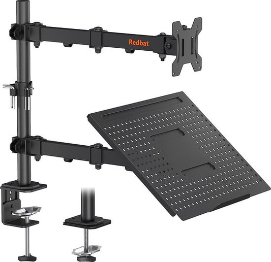 Monitorarm met laptopvak, dual screens, volledig instelbaar voor 13 tot 32 inch lcd-led-scherm tot 8 kg en notebook tot 16 inch, kantelen, draaien en draaien, 2 bevestigingsmogelijkheden