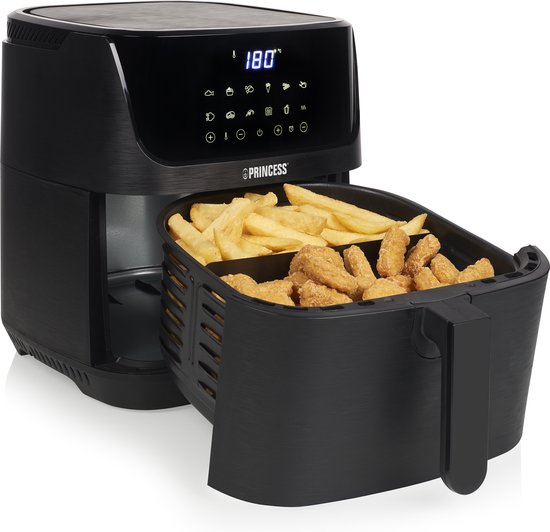 Princess 182061 Airfryer XXL 6,5L - Digitale Heteluchtfriteuse met Uitneembare Scheidingswand - Zwart - 1800 watt - 12 programma's - Digitale timer - Temperatuurbereik 80-200 °C - BPA- en PFOA-vrij