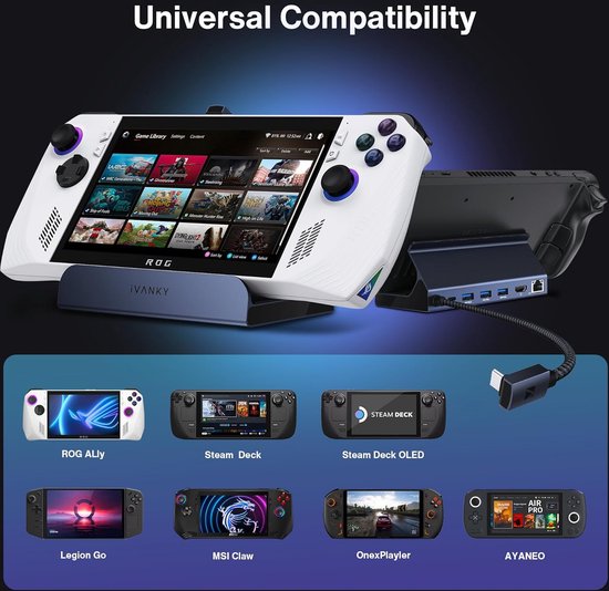 iVANKY 6-in-1 ROG Ally Dock met HDMI 2.0 4K @60Hz, 1Gbps Ethernet, 3*USB-A 3.0, 100W USB-C opladen, Docking Station compatibel met ASUS ROG Alloy/Lenovo Legion Go/Valve Steam Deck