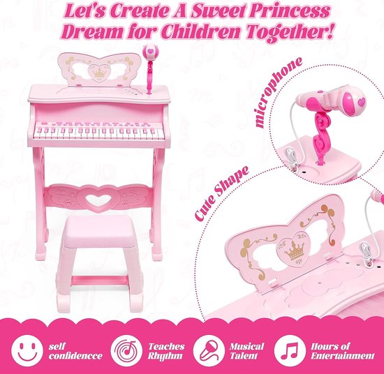 Kinderpiano - Roze muziekinstrument met 37 toetsen - Educatief speelgoed