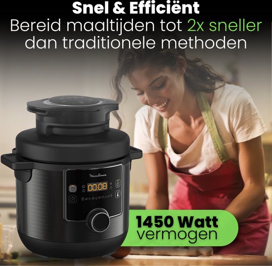 Moulinex 15-in-1 Turbo Cuisine & Fry Multicooker 1450 Watt Zwart 7,6 Liter - 15 Kookfuncties - Slowcooker - Airfryer - Snelkookpan - Stomen - Frituren - Rijstkoker - Sous Vide - Zwarte Kookpan 7.6 L - CE778810