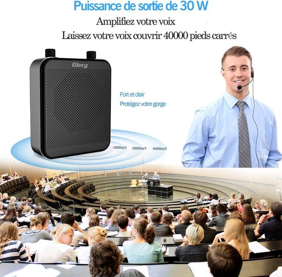 Draagbare spraakversterker met microfoon-hoofdtelefoon en oplaadbare batterij - 30 W, 2800 mAh - krachtig geluidssysteem voor leraren, gidsen, trainers, presentatoren