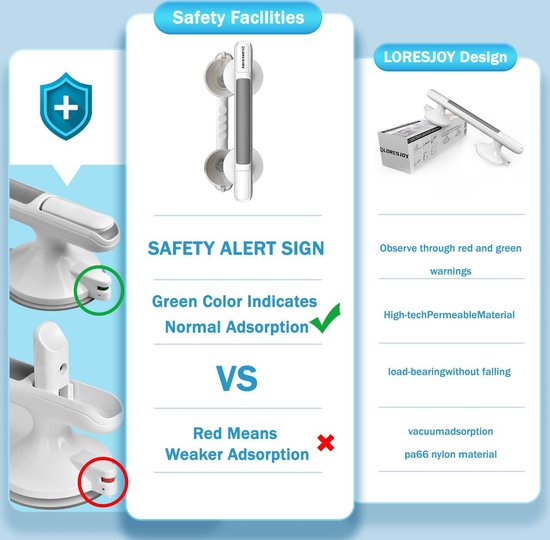 LORESJOY Handgrepen voor de badkamer met zuignap, veiligheidshandgreep voor mobiliteitsondersteuning, draagbare mobiliteitshulpmiddelen, veiligheidshandgreep met zuignapbevestiging, geen bevestigingen nodig, voor kinderen/ouderen/hulpmiddelen voor ge