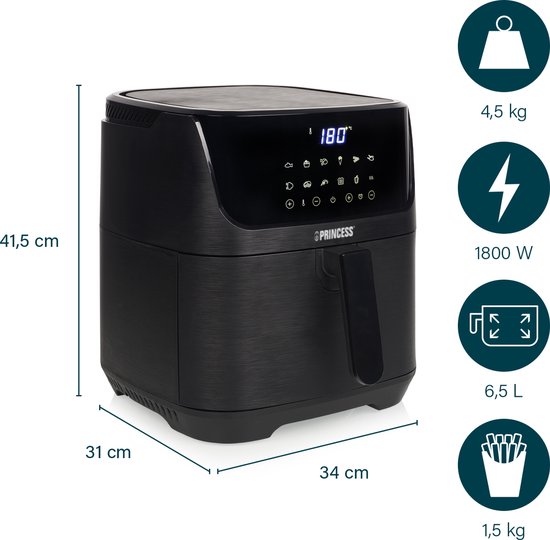 Princess 182061 Airfryer XXL 6,5L - Digitale Heteluchtfriteuse met Uitneembare Scheidingswand - Zwart - 1800 watt - 12 programma's - Digitale timer - Temperatuurbereik 80-200 °C - BPA- en PFOA-vrij