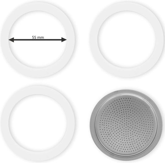 Bialetti - Set Filterplaatje aluminium (55mm) - Voor de Bialetti Moka Express en Moka Induction, 6 Kops - Inclusief 3 Rubberen Ringen (binnenmaat ring 55mm)