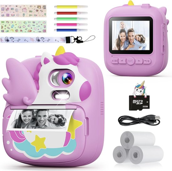 Kindercamera, instant camera, 2,4 inch instant camera voor kinderen, met 32G TF-kaart en fotopapier, 1080p HD digitale camera voor kinderen, cadeaus voor jongens en meisjes van 3-12 jaar