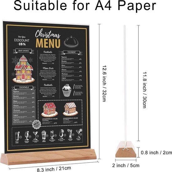 Srvnpioy 10 stuks acryl tafelhouders A4 menuhouders hout A4 tafelhouder tafelhouder A4 kunststof tafelstandaard voor restaurant hotel school kantoor