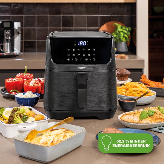 Princess 182061 Airfryer XXL 6,5L - Digitale Heteluchtfriteuse met Uitneembare Scheidingswand - Zwart - 1800 watt - 12 programma's - Digitale timer - Temperatuurbereik 80-200 °C - BPA- en PFOA-vrij