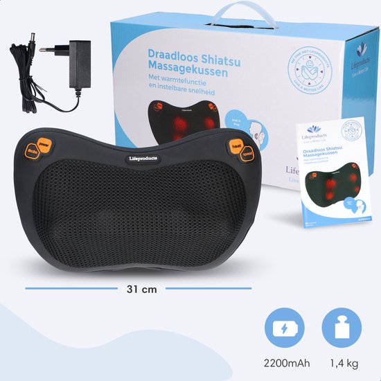 Lifeproducts Shiatsu Massagekussen - Elektrisch Nekmassage Apparaat - Massage Apparaten - Nek en Schouder Massage Apparaat - Massageapparaten met Infrarood Verwarming
