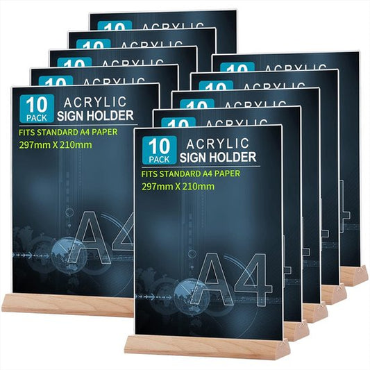 Srvnpioy 10 stuks acryl tafelhouders A4 menuhouders hout A4 tafelhouder tafelhouder A4 kunststof tafelstandaard voor restaurant hotel school kantoor