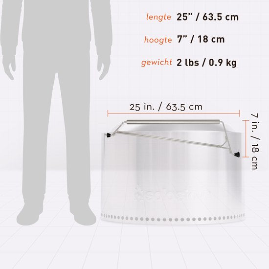 Solo Stove-Yukon-vuurkorfhandvat. Gehoekt handvat met zachte bumpers. Lengte 63,5 cm, hoogte 18 cm, gewicht 0,9 kg
