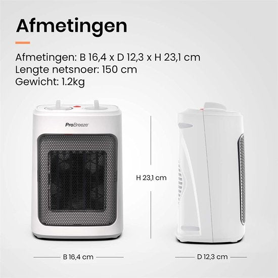 Pro Breeze 2000 W Mini Keramische Ventilatorkachel - 3 Warmtestanden, Ventilatorstand, Ingebouwde Bescherming tegen Oververhitting en Kanteling, Elektrische Verwarming - Wit