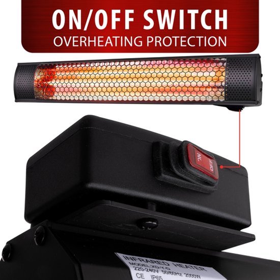 alpina Heater Terrasverwarmer met Infrarood Verwarming - Heater Elektrisch Wandmontage 2000W - Terrasverwarmer IP54 Stof- en Spuitwaterdicht - Terrasheater - 57 x 11,5 x 11 cm