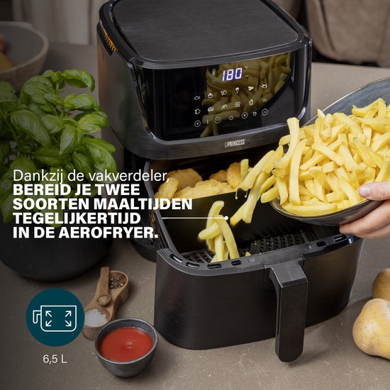 Princess 182061 Airfryer XXL 6,5L - Digitale Heteluchtfriteuse met Uitneembare Scheidingswand - Zwart - 1800 watt - 12 programma's - Digitale timer - Temperatuurbereik 80-200 °C - BPA- en PFOA-vrij