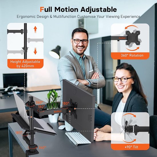Monitorarm met laptopvak, dual screens, volledig instelbaar voor 13 tot 32 inch lcd-led-scherm tot 8 kg en notebook tot 16 inch, kantelen, draaien en draaien, 2 bevestigingsmogelijkheden