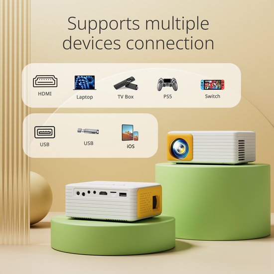 Yoton Y3 Mini Beamer - 7500 Lumen - 20000+ Uur - Compatibel met HDMI, USB, AV, Laptop, Smartphone - Wit en Geel