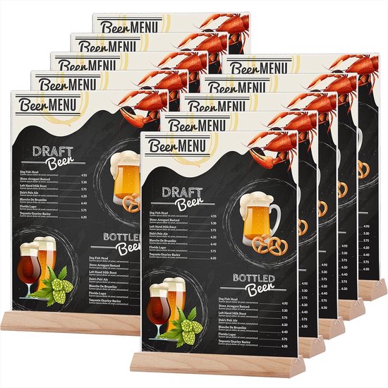 Srvnpioy 10 stuks acryl tafelhouders A4 menuhouders hout A4 tafelhouder tafelhouder A4 kunststof tafelstandaard voor restaurant hotel school kantoor