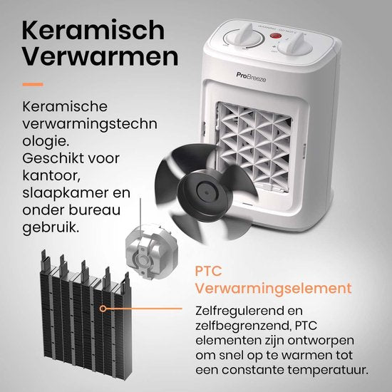 Pro Breeze 2000 W Mini Keramische Ventilatorkachel - 3 Warmtestanden, Ventilatorstand, Ingebouwde Bescherming tegen Oververhitting en Kanteling, Elektrische Verwarming - Wit