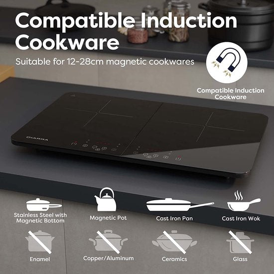 Ciarra CBTIH2 -Dubbel Inductiekookplaat - Draagbaar - 10 Temperatuurniveau's - Touchscreen - Veiligheidsslot