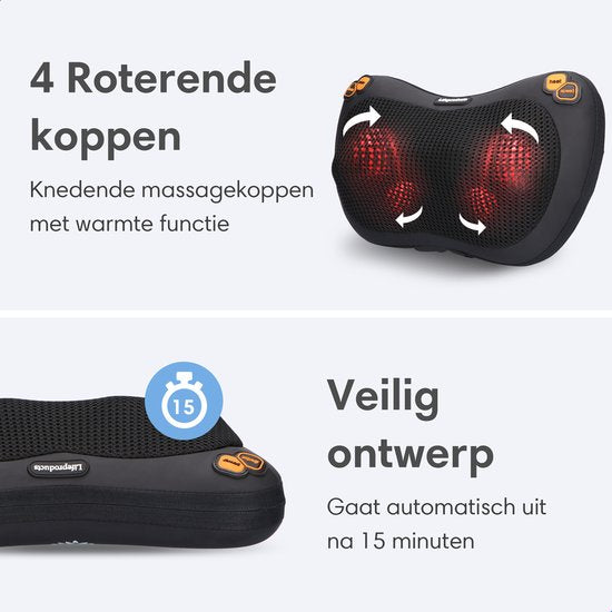 Lifeproducts Shiatsu Massagekussen - Elektrisch Nekmassage Apparaat - Massage Apparaten - Nek en Schouder Massage Apparaat - Massageapparaten met Infrarood Verwarming