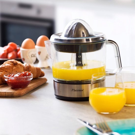 Bestron Citruspers Elektrisch - ACJ350Z - 40W - Incl. 2 perskegels, aromadeksel, sap reservoir - 0,7 Liter - Zilver