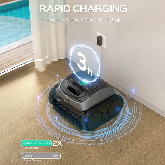 WYBOT C1 draadloze robot zwembadreiniger, 150min looptijd, wandklimmen, intelligente routeplanning, APP-bediening, voor zwembaden tot 1.615 m², Bijgewerkte Nederlandse gebruiksaanwijzing