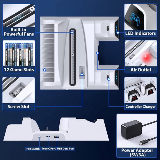 OIVO Oplaadstation met Koelventilatoren geschikt voor Playstation 5 Digital & Playstation 5 Disk - Verticale Docking Station voor PS5 - Oplader voor PS5