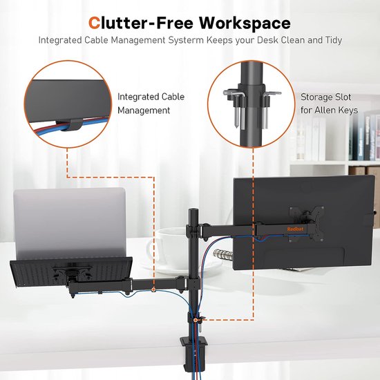 Monitorarm met laptopvak, dual screens, volledig instelbaar voor 13 tot 32 inch lcd-led-scherm tot 8 kg en notebook tot 16 inch, kantelen, draaien en draaien, 2 bevestigingsmogelijkheden
