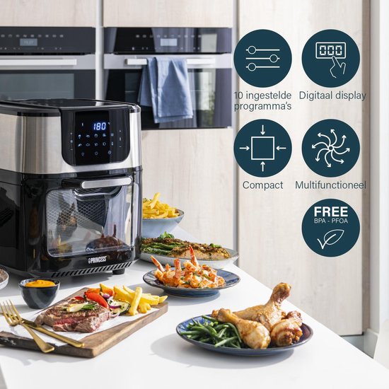 Princess Airfryer Oven DeLuxe 182075 - Heteluchtfriteuse - Extra groot 11 liter - PFAS vrij - 10 automatische programma's - RVS/Zwart