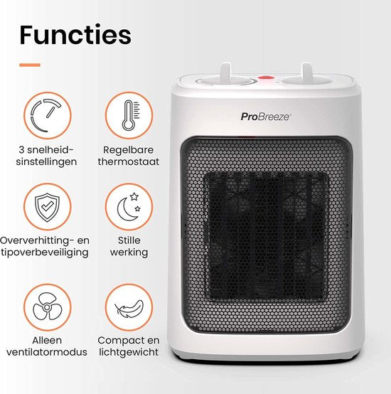 Pro Breeze 2000 W Mini Keramische Ventilatorkachel - 3 Warmtestanden, Ventilatorstand, Ingebouwde Bescherming tegen Oververhitting en Kanteling, Elektrische Verwarming - Wit