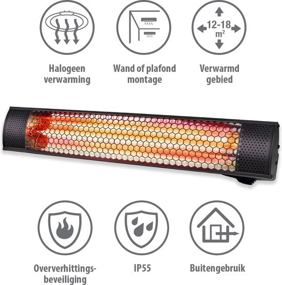alpina Heater Terrasverwarmer met Infrarood Verwarming - Heater Elektrisch Wandmontage 2000W - Terrasverwarmer IP54 Stof- en Spuitwaterdicht - Terrasheater - 57 x 11,5 x 11 cm