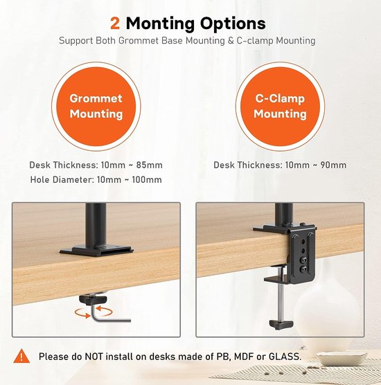 Monitorarm met laptopvak, dual screens, volledig instelbaar voor 13 tot 32 inch lcd-led-scherm tot 8 kg en notebook tot 16 inch, kantelen, draaien en draaien, 2 bevestigingsmogelijkheden