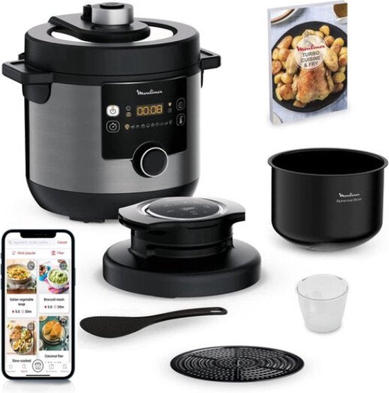 Moulinex 15-in-1 Turbo Cuisine & Fry Multicooker 1450 Watt Zwart 7,6 Liter - 15 Kookfuncties - Slowcooker - Airfryer - Snelkookpan - Stomen - Frituren - Rijstkoker - Sous Vide - Zwarte Kookpan 7.6 L - CE778810