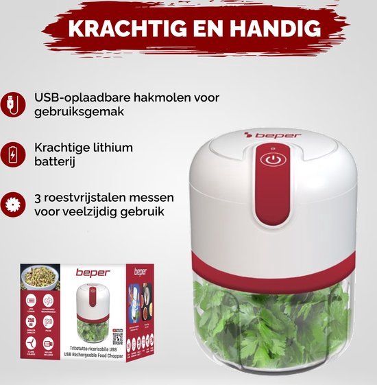 Beper Elektrische Hakmolen - 5 Roestvrijstalen Messen - Hakmolen - Handmatige Hakmolen - Keukenhakker - Groentenhakmolen - Uiensnijder - 250ml