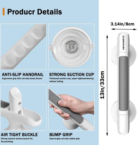 LORESJOY Handgrepen voor de badkamer met zuignap, veiligheidshandgreep voor mobiliteitsondersteuning, draagbare mobiliteitshulpmiddelen, veiligheidshandgreep met zuignapbevestiging, geen bevestigingen nodig, voor kinderen/ouderen/hulpmiddelen voor ge